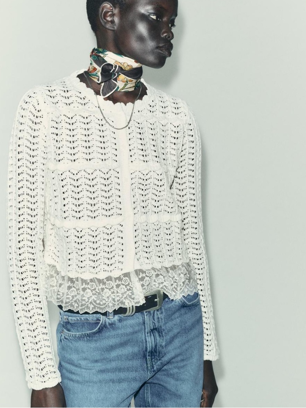 Zara Romantic Lace Trim Crochet Cardigan Sweater | Ecru Cream 5063/868